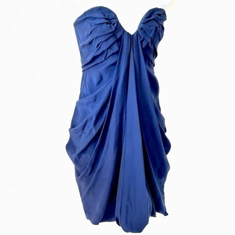 ABS Allen Schwartz silk navy blue strapless mini dress draped plunge front Sz 6